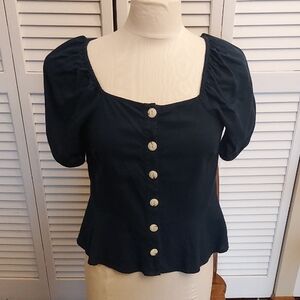 Universal Thread Navy Puff-Sleeve Button Front Blouse